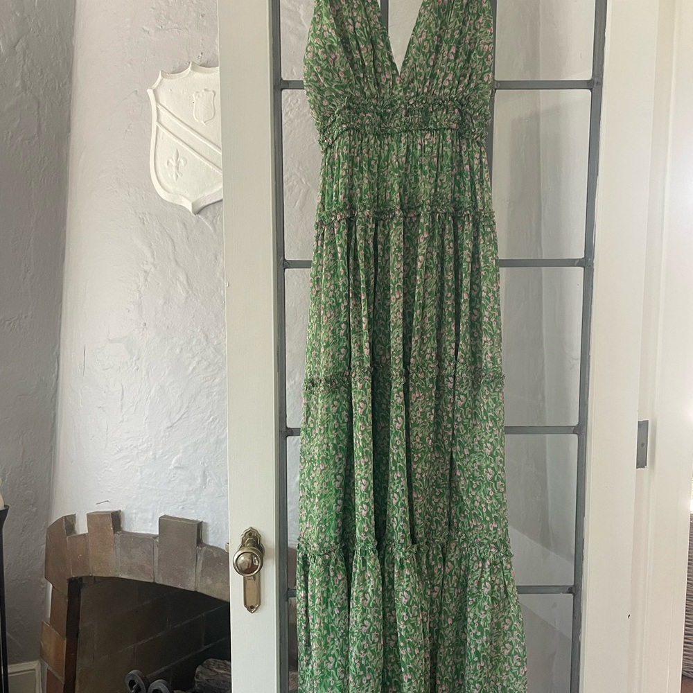Astr Green Smocked Maxi Dress Halter Neckline